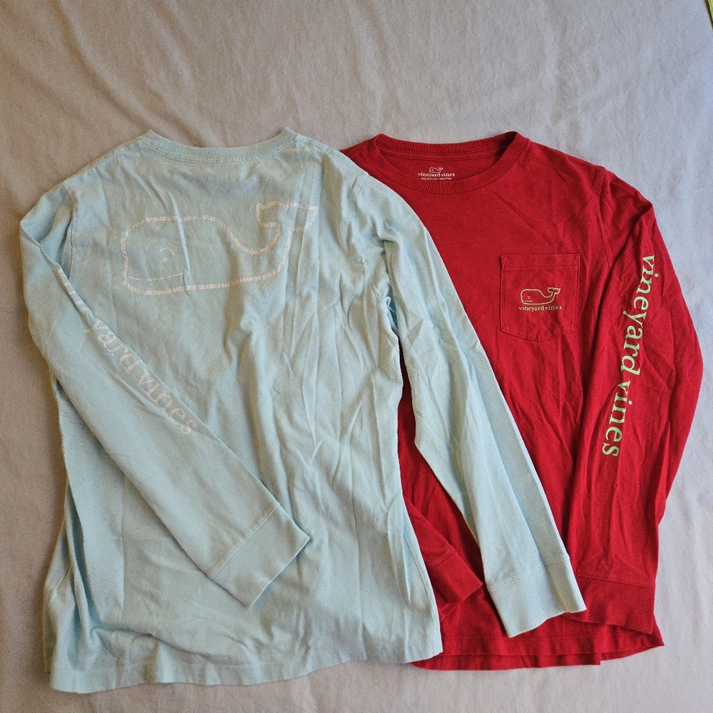 Vineyard Vines Iconic Whale Logo Red and Mint Blue Long Sleeve Shirts